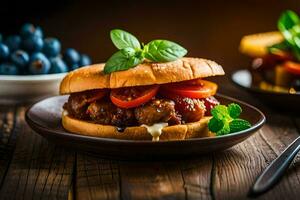 a meatball sandwich with tomatoes and basil on a plate. AI-Generated photo