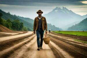 a man walking down a dirt road with a basket on his back. AI-Generated photo