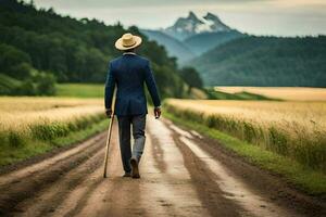 un hombre en un traje y sombrero caminando abajo un suciedad la carretera. generado por ai foto