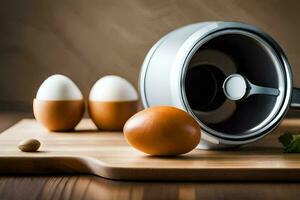 eggs on a cutting board next to a coffee maker. AI-Generated photo