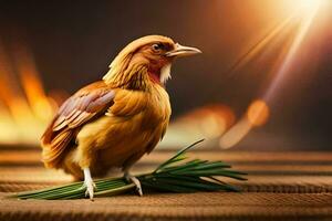 a chicken is standing on a wooden table with a green plant. AI-Generated photo