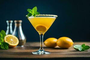 a cocktail with lemon and mint on a wooden table. AI-Generated photo