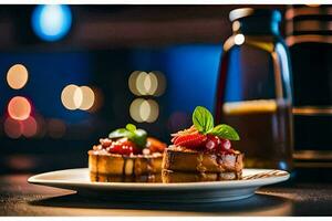 two small cakes on a plate with a bottle of wine. AI-Generated photo