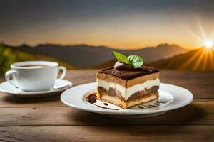 el postre es servido en un plato con un taza de café. generado por ai foto