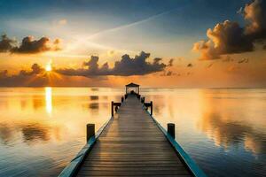 a dock extends into the ocean at sunset. AI-Generated photo