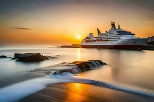 un crucero Embarcacion en el Oceano a puesta de sol. generado por ai foto