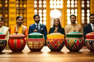 a group of people in formal attire standing in front of colorful pots. AI-Generated photo