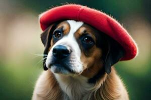 un perro vistiendo un rojo boina. generado por ai foto