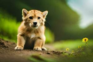 a small cub sitting on the ground in the middle of a field. AI-Generated photo