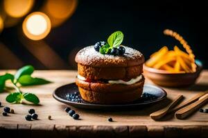 a cake with blueberries and mint on a wooden table. AI-Generated photo