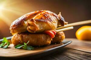 chicken on a plate with chopsticks. AI-Generated photo