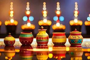 colorful diyas are lined up on a table. AI-Generated photo