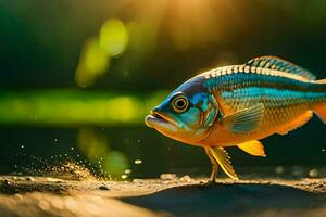 un pescado es en pie en el apuntalar de un lago. generado por ai foto