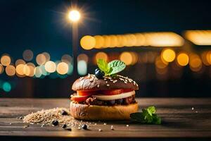 a hamburger with tomatoes and cheese on a wooden table. AI-Generated photo