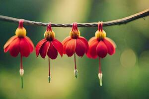 cuatro rojo flores colgando desde un rama. generado por ai foto