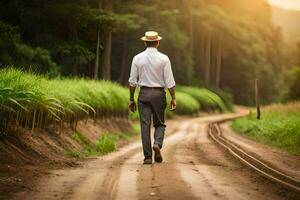 a man in a hat walks down a dirt road. AI-Generated photo