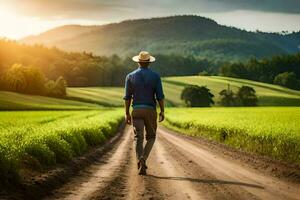 hombre caminando en un suciedad la carretera en el medio de un verde campo. generado por ai foto