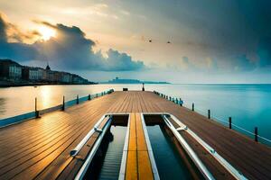 a pier with a boat on it at sunset. AI-Generated photo