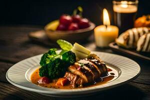 un plato de comida con carne, brócoli y vegetales. generado por ai foto