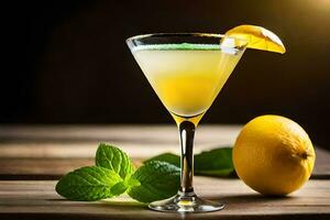 a cocktail with lemon and mint on a wooden table. AI-Generated photo