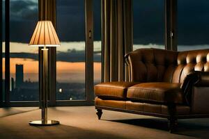 a leather couch and lamp in front of a window. AI-Generated photo