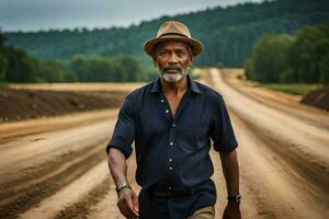 a man in a hat walking down a dirt road. AI-Generated photo