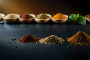 various spices and herbs in bowls on a black background. AI-Generated photo