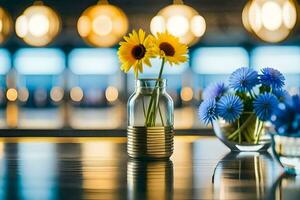 a vase with blue and yellow flowers sitting on a table. AI-Generated photo