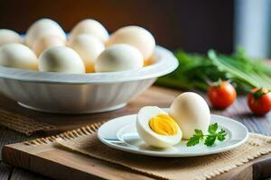 a bowl of boiled eggs on a table next to a bowl of vegetables. AI-Generated photo