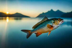 un pescado es volador terminado el agua a puesta de sol. generado por ai foto