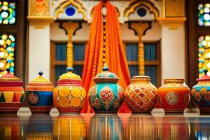 a row of colorful vases sit on a table. AI-Generated photo