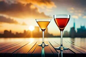 two glasses of wine on a table with a city skyline in the background. AI-Generated photo