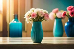 three blue vases with pink flowers on a table. AI-Generated photo