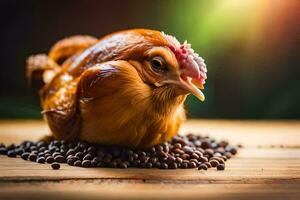 a chicken is sitting on a table with beans. AI-Generated photo