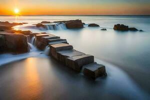 a long exposure photograph of a rocky beach at sunset. AI-Generated photo