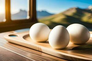 three eggs on a wooden cutting board with mountains in the background. AI-Generated photo