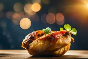 a chicken wrapped in bacon on a wooden table. AI-Generated photo