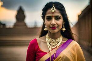 a beautiful indian woman wearing jewelry and a sari. AI-Generated photo