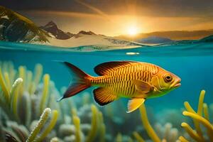 un pescado nadando en el Oceano con un montaña en el antecedentes. generado por ai foto