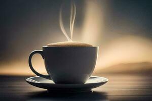a cup of coffee on a table with a steam coming out of it. AI-Generated photo