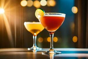 two cocktails sit on a table with a bright light behind them. AI-Generated photo