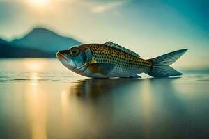 a fish is sitting on the beach at sunset. AI-Generated photo