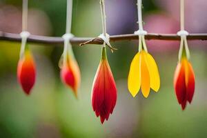 colorful flowers hang from a branch. AI-Generated photo