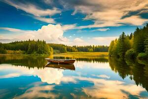 un barco es flotante en un lago con arboles y nubes generado por ai foto