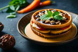 a sandwich with fruit and nuts on a plate. AI-Generated photo