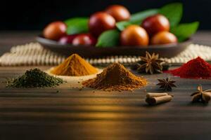 various spices and spices on a wooden table. AI-Generated photo