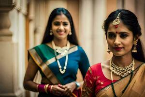 two women in traditional saris posing for the camera. AI-Generated photo