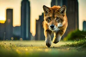 a dog running in the city at sunset. AI-Generated photo