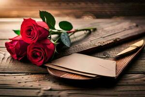 red roses on a wooden table with a letter. AI-Generated photo