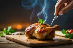 a person is holding a knife over a chicken on a cutting board. AI-Generated photo